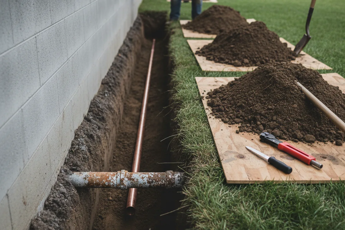 Excavated water line trench during Water Softener Installation in Masonic Home